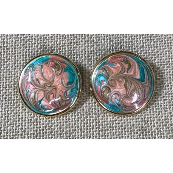 Vintage Coral Teal Swirl Large Round Enamel Disc Earrings Boho Coastal Beach - Picture 1 of 2